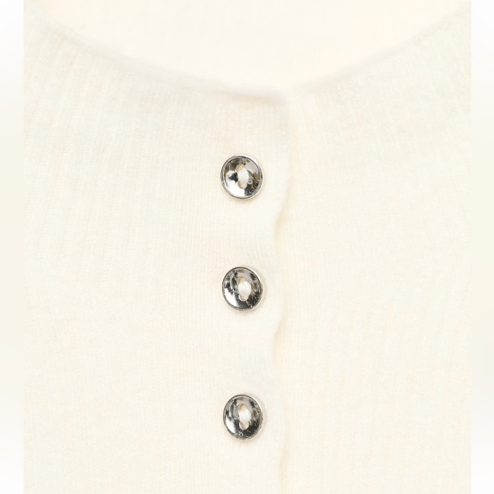 Mango XL Ivory Fine Knit Ribbed Mock Neck Mini Button Front Wool Blend Cardigan - Picture 6 of 16